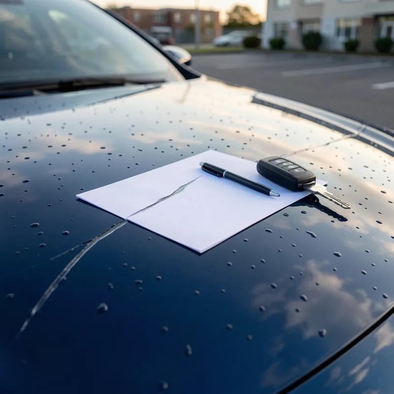 Constat et clés de voiture posés sur le capot rayé d&rsquo;un véhicule