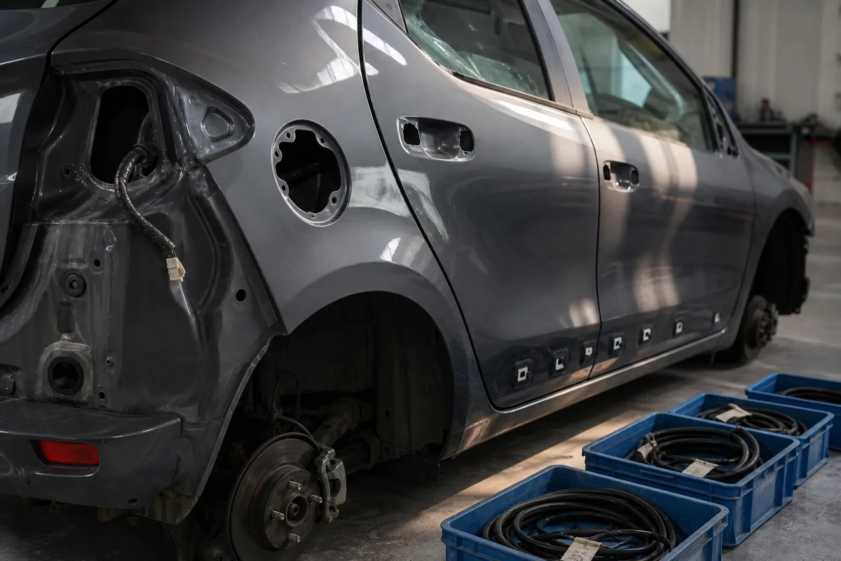Voiture démontée en atelier de carrosserie avant remise en peinture