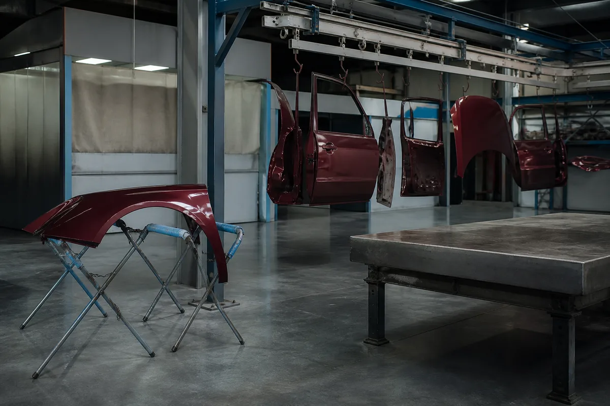 Pièces de carrosserie fraîchement peintes suspendues sur un rail de séchage