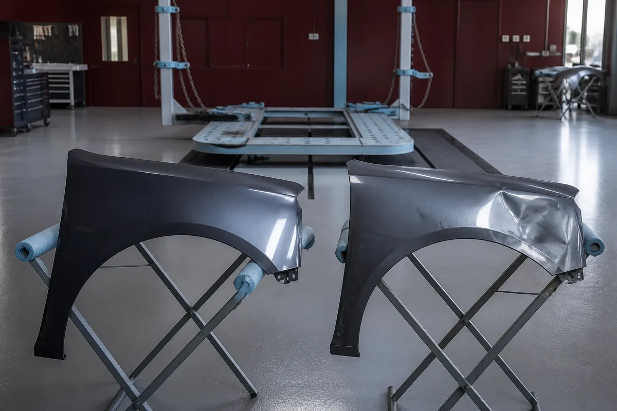 Comparaison de deux panneaux de carrosserie, l&rsquo;un réparé proprement, l&rsquo;autre marqué