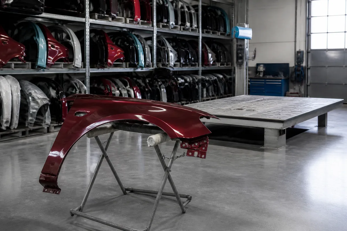 Rayonnage d&rsquo;atelier avec des éléments de carrosserie neufs en attente de montage