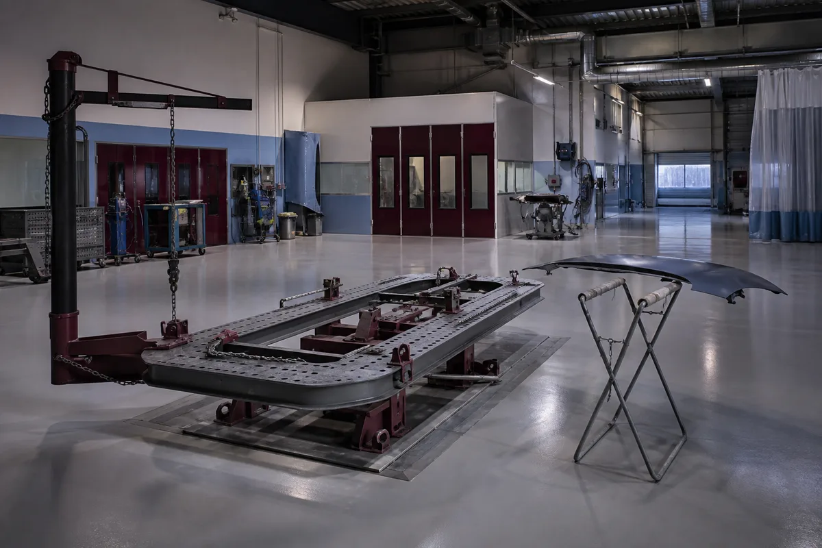 Panneau de carrosserie posé sur un marbre d'atelier, sous une réglette de contrôle de planéité
