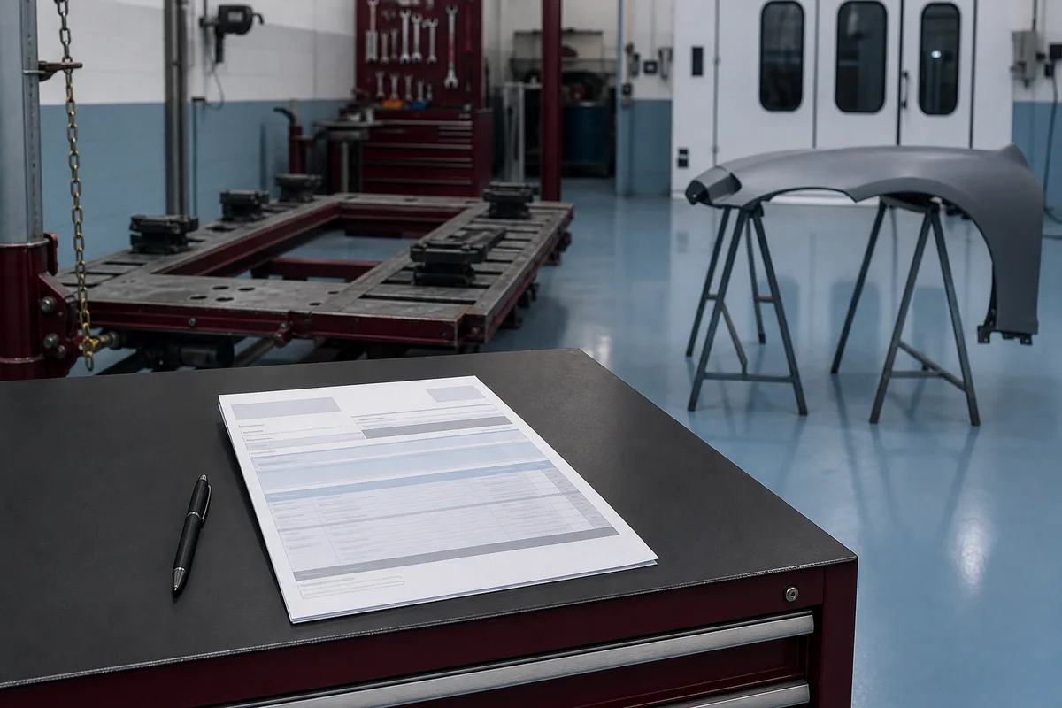 Devis de carrosserie détaillé posé sur un plan de travail d&rsquo;atelier