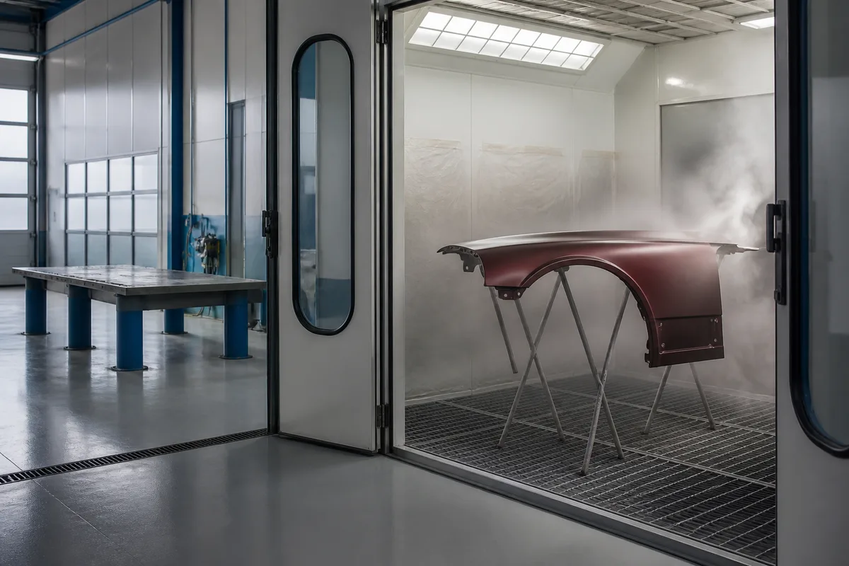 Cabine de peinture automobile avec un élément de carrosserie en cours d&rsquo;application