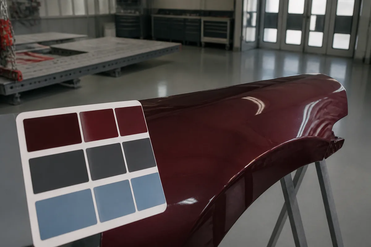 Nuancier de teintes automobiles comparé à un panneau de carrosserie