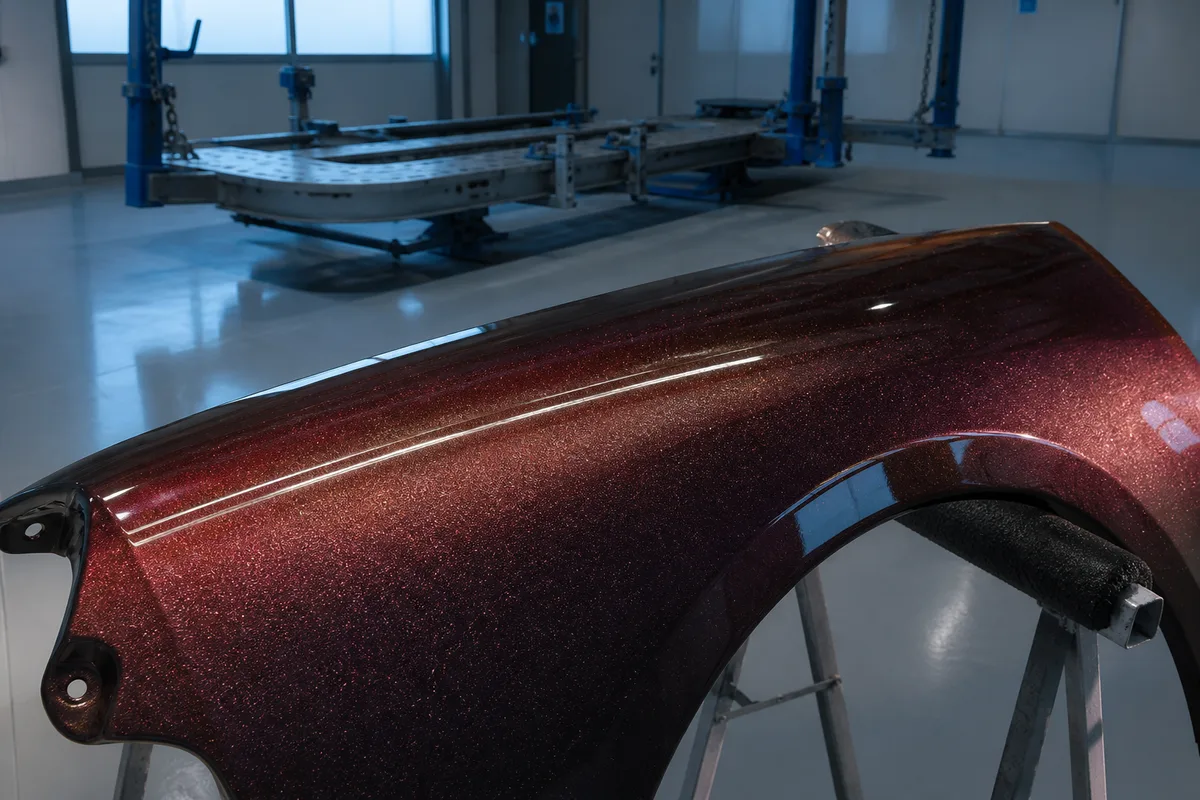 Détail d&rsquo;une peinture métallisée sous éclairage montrant l&rsquo;effet des paillettes